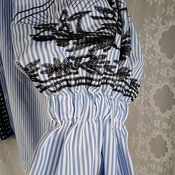 MANGO USA Blue and Black Relaxed Striped Embroidery Women's Blouses Size S - Picture 16 of 16